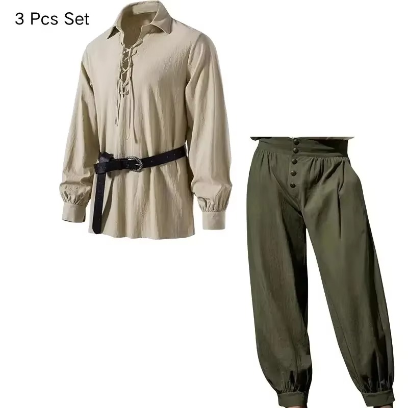 Men Medieval Viking Pirate 3 P - Medieval Gothic Lace Up Pirate Shirt review and price