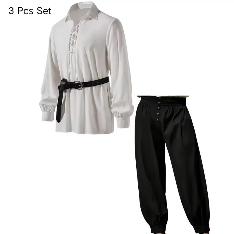 Men Medieval Viking Pirate 3 P - Medieval Gothic Lace Up Pirate Shirt review and price
